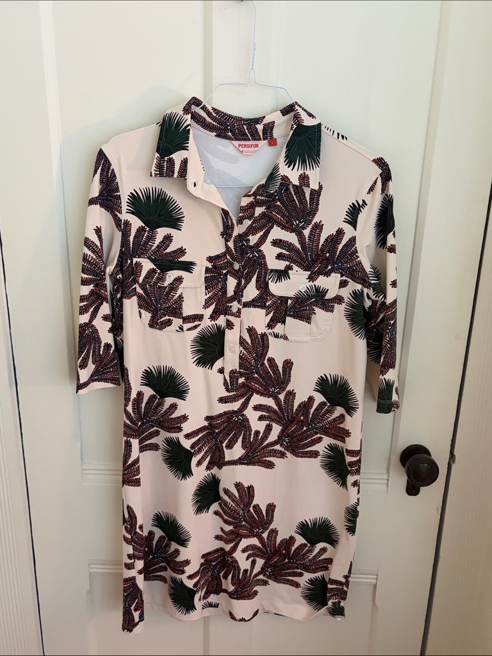 Persists Cream Dress with Green & Brown Botanical Print, size Large